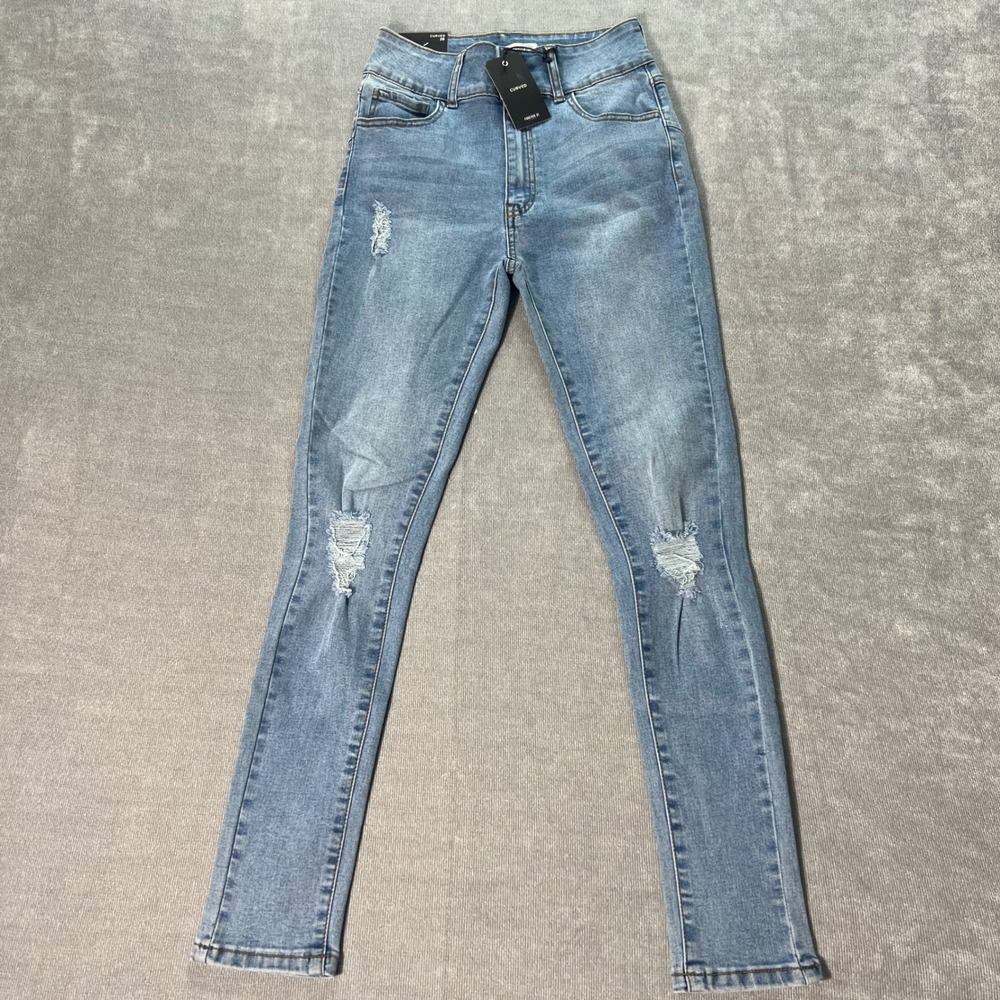 Forever 21 Curved High Rise Skinny Jeans Light Wash Distressed Blue Size 26 NWT